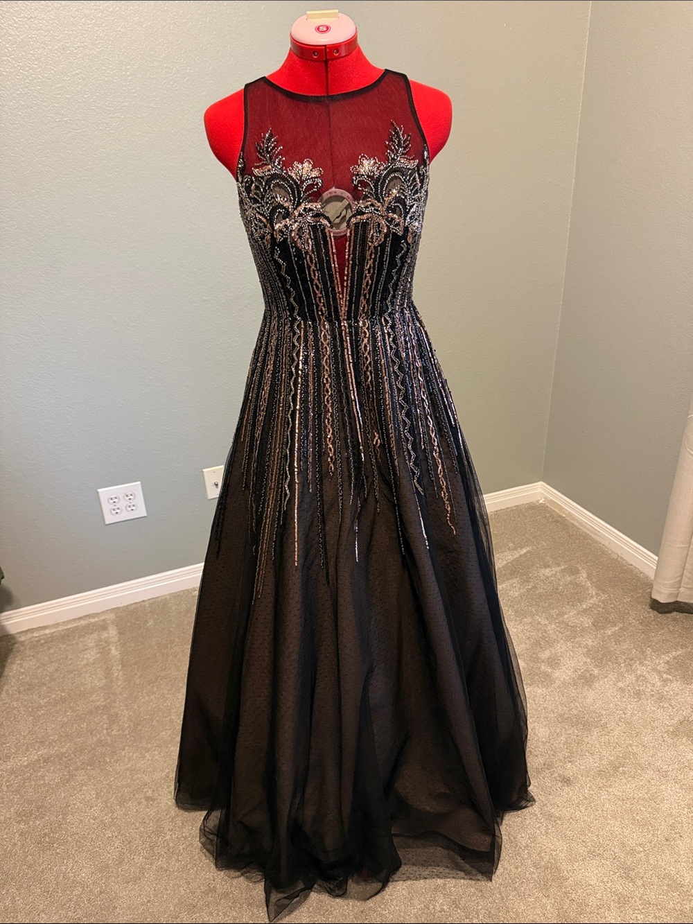 Aidan Mattox Black Beaded Mesh Evening Gown